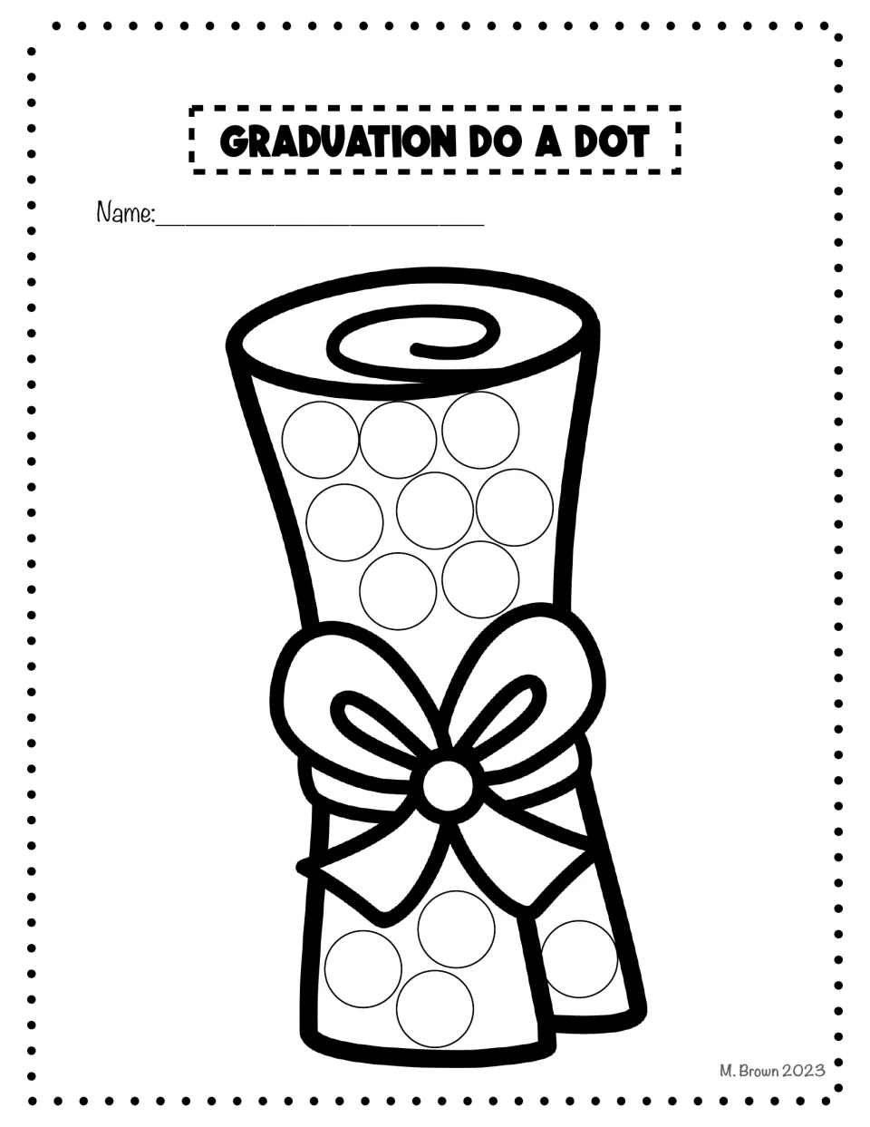 Graduation do-a-dot activity sheet featuring a rolled diploma tied with a bow, with circles to decorate