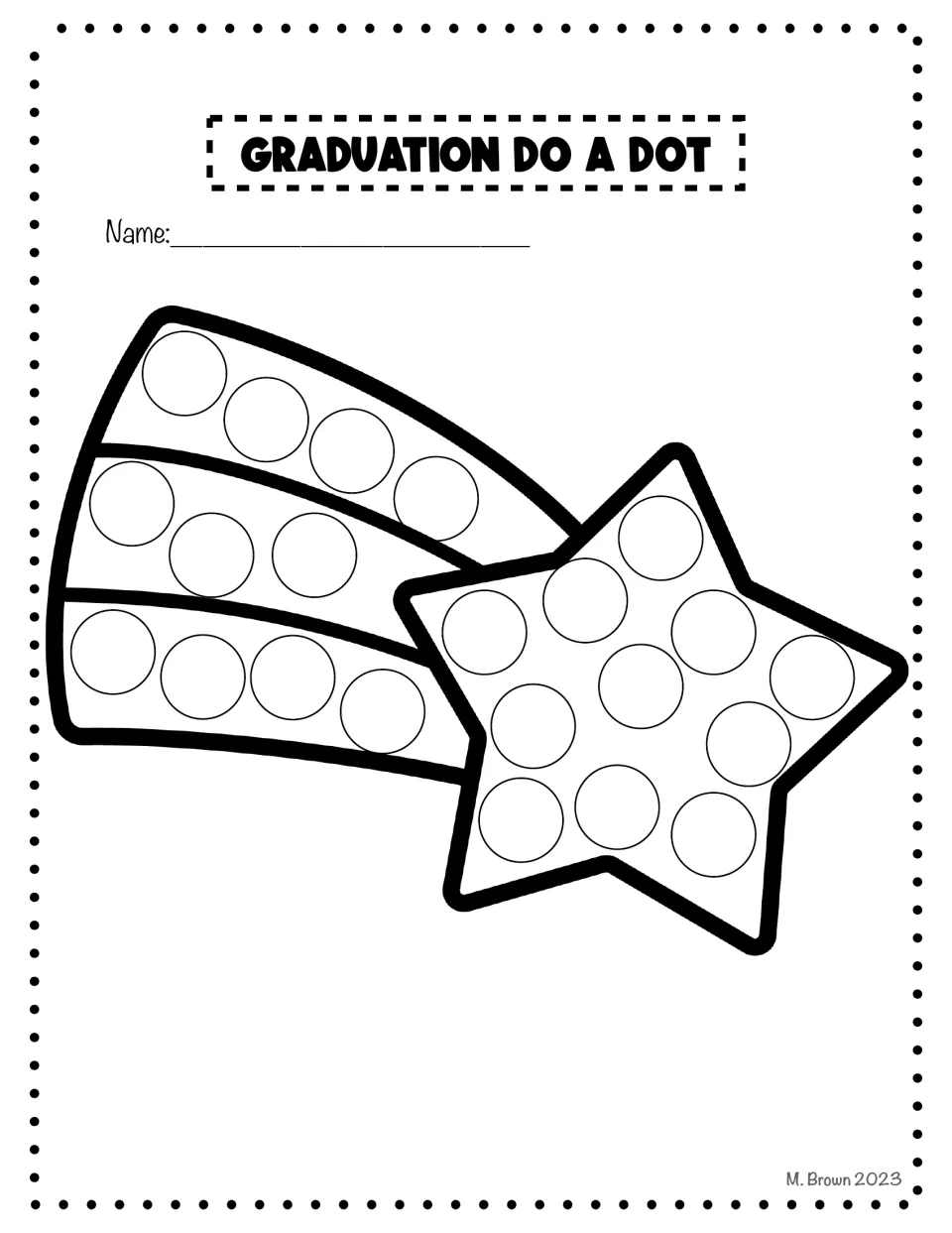 Graduation do-a-dot activity sheet featuring a shooting star, with circles to decorate on the star and its trail