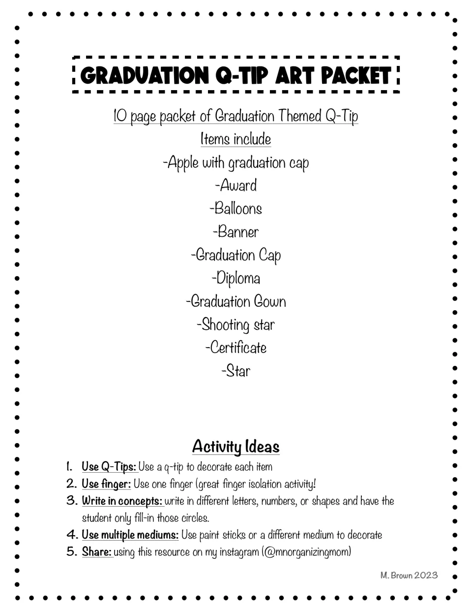 Graduation Q-tip art packet introduction listing 10 designs and ideas for painting and marking concepts