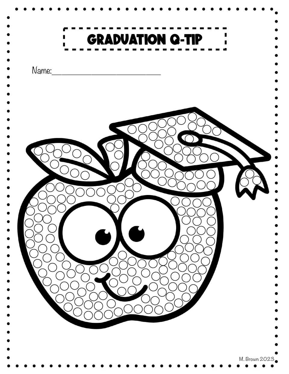 Graduation Q-tip art activity featuring an apple wearing a graduation cap, filled with circles to decorate