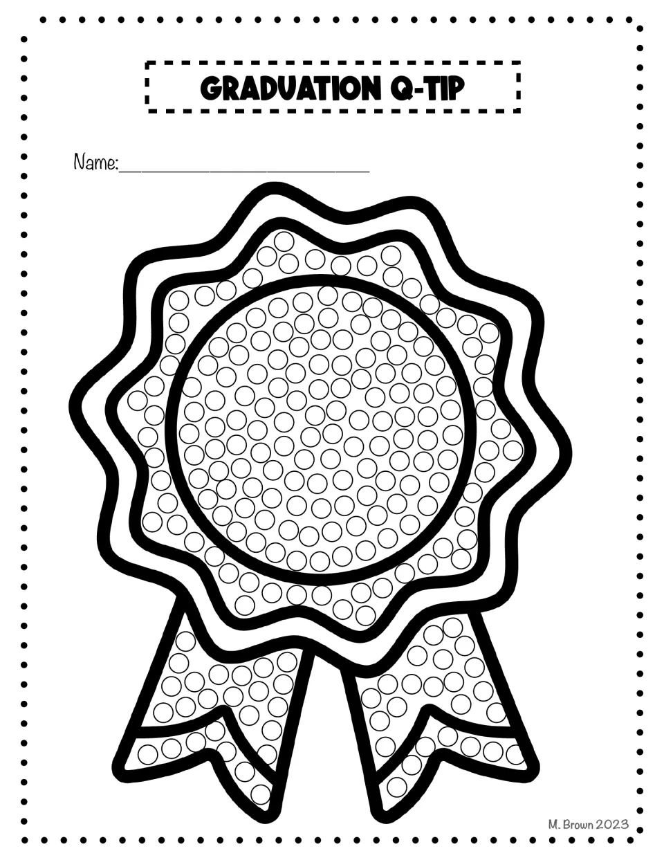 Graduation Q-tip art activity featuring an award ribbon with two tails and small circles to decorate