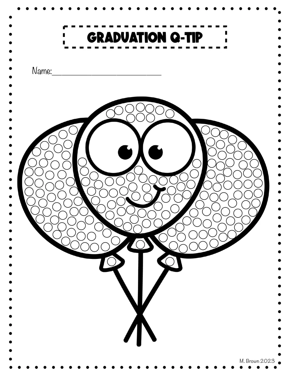 Graduation Q-tip art activity featuring three balloons, including a smiling balloon, with circles to paint