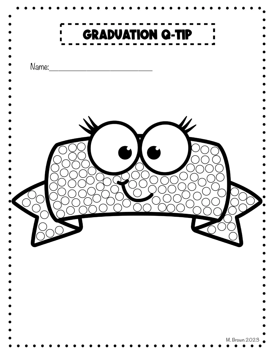 Graduation Q-tip art activity featuring a smiling banner with ribbon ends and small circles to decorate