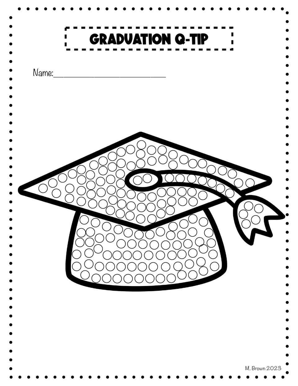 Graduation Q-tip art activity featuring a graduation cap and tassel filled with small circles to decorate