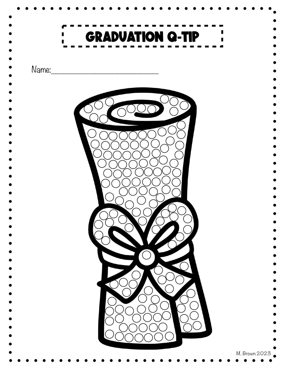 Graduation Q-tip art activity featuring a rolled diploma tied with a bow and filled with circles to paint