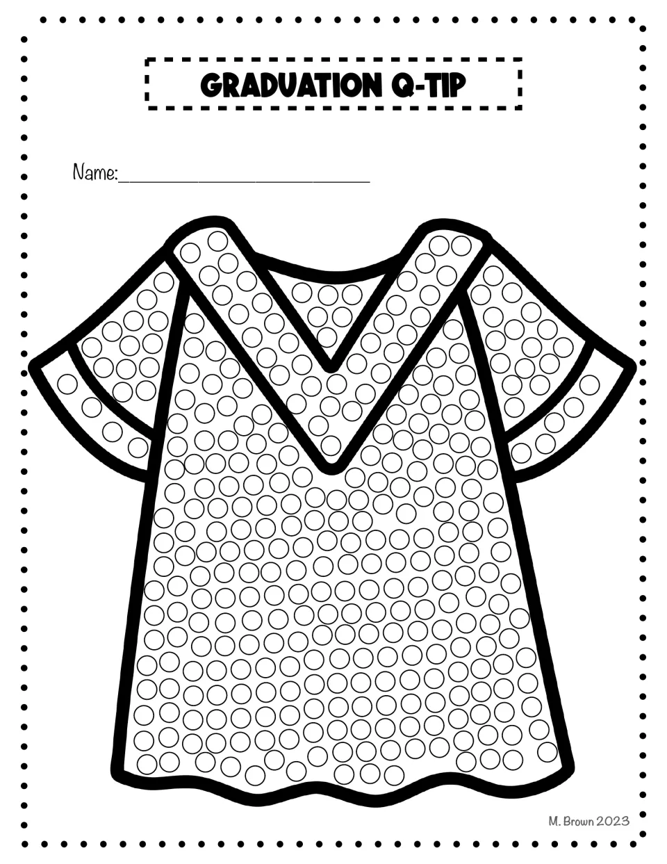 Graduation Q-tip art activity featuring a graduation gown with short sleeves and circles to decorate
