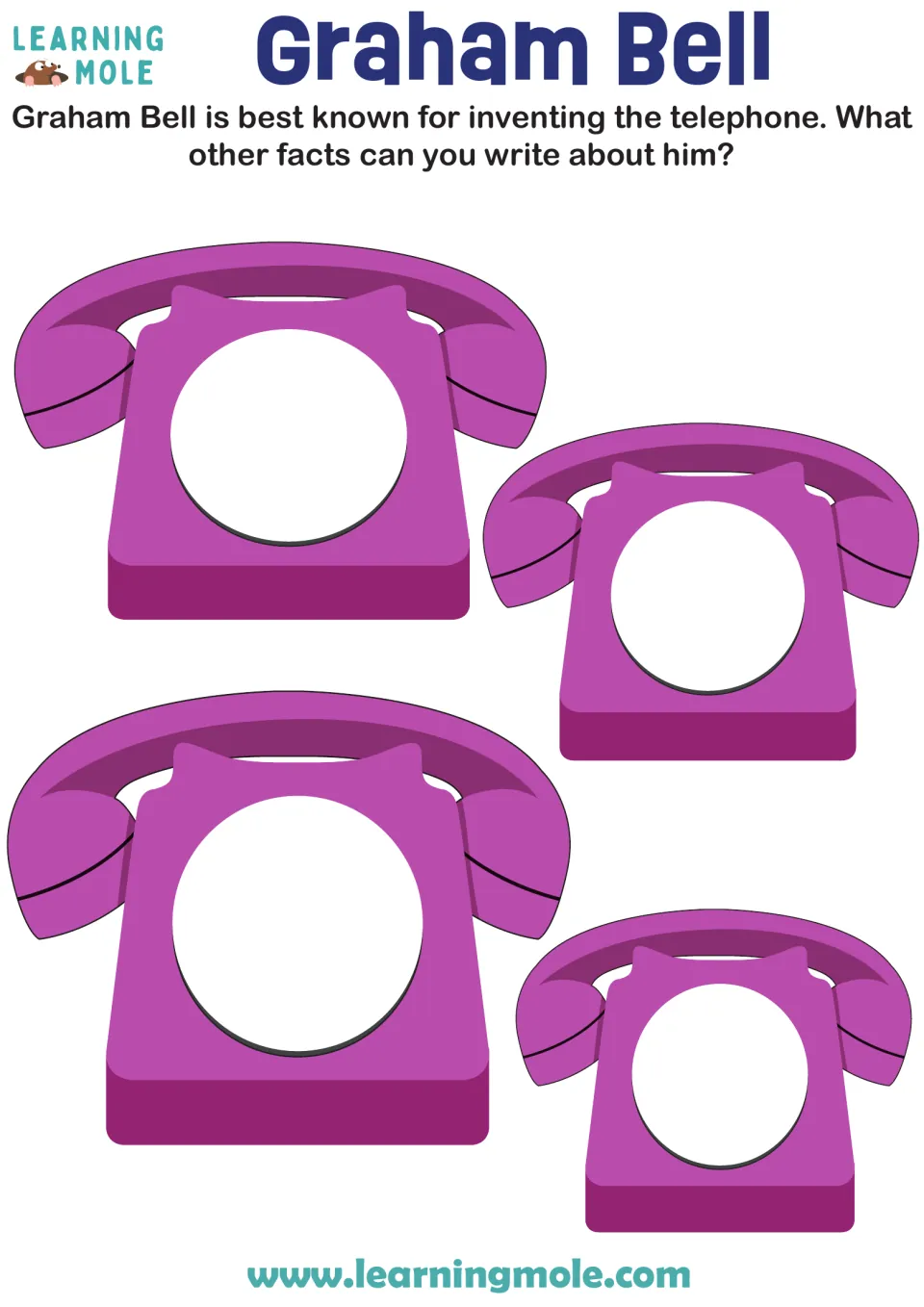 Graham Bell fact writing: students add facts beyond inventing the telephone, writing inside four purple telephones