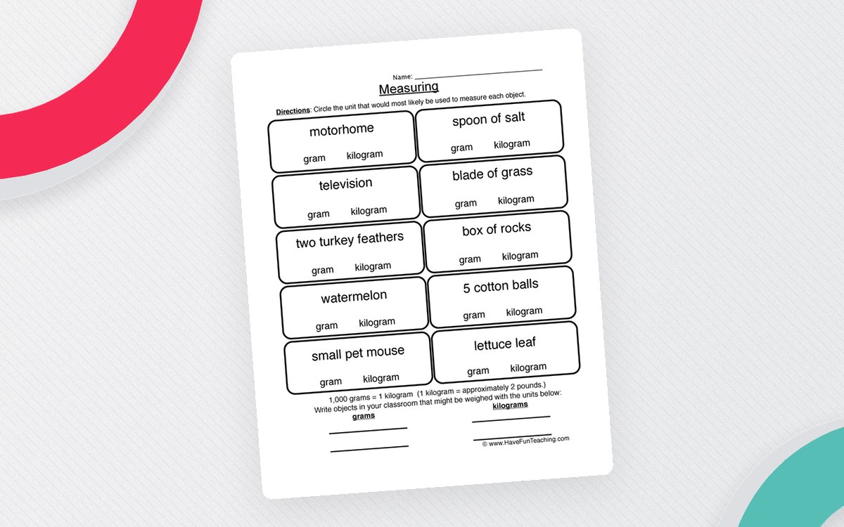 Gram Kilogram Worksheet preview: Ten named objects to classify