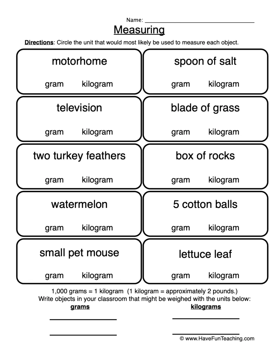 Measuring mass: students circle gram or kilogram for 10 objects, from salt to a motorhome, then list classroom items