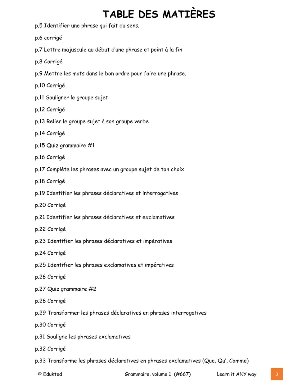 First contents page lists grammar exercises, keys, and quizzes from sentence sense to sentence types