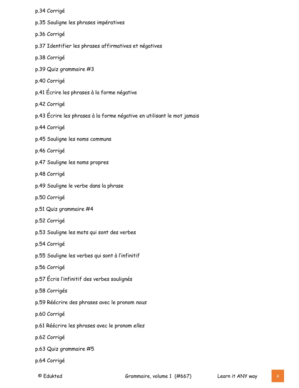 Second contents page lists grammar exercises and keys on negatives, nouns, verbs, and pronoun rewrites