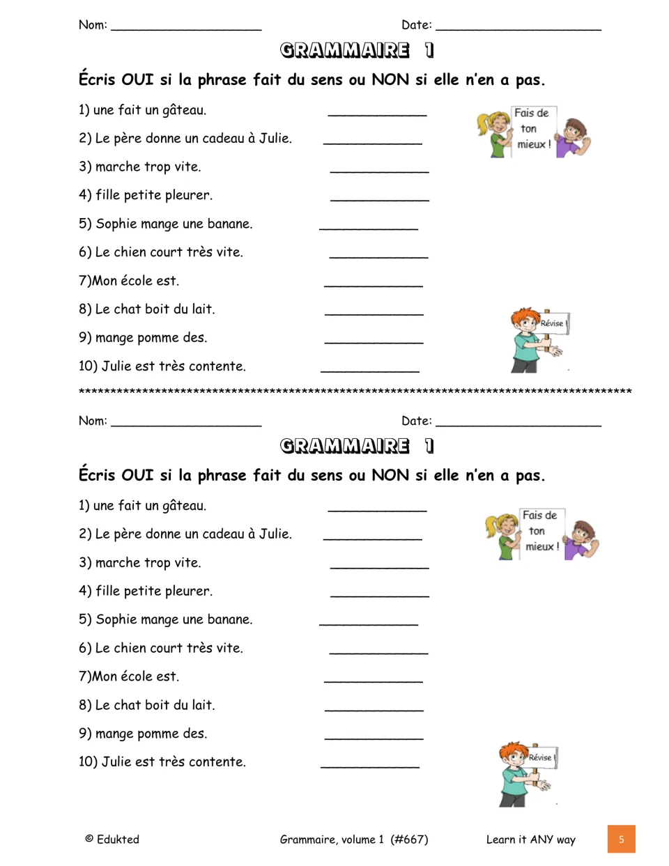 Grammar exercise 1 asks whether 10 French sentences make sense using OUI (yes) or NON (no), printed twice