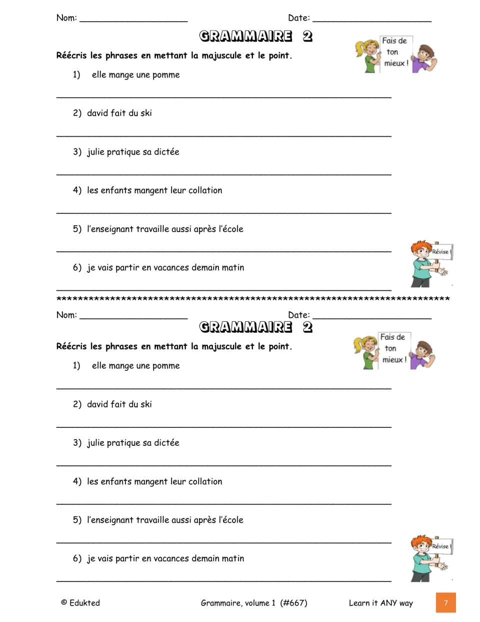 Grammar exercise 2 asks students to add capitals and periods to six French sentences, printed twice