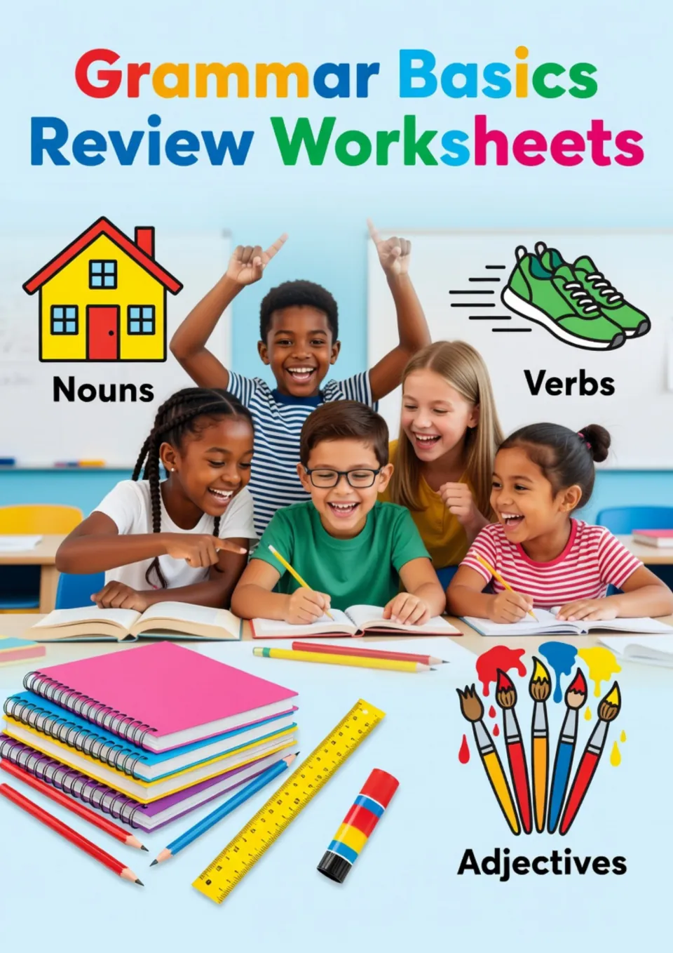 Grammar review worksheet cover introducing nouns, verbs, and adjectives as the resource's three topics