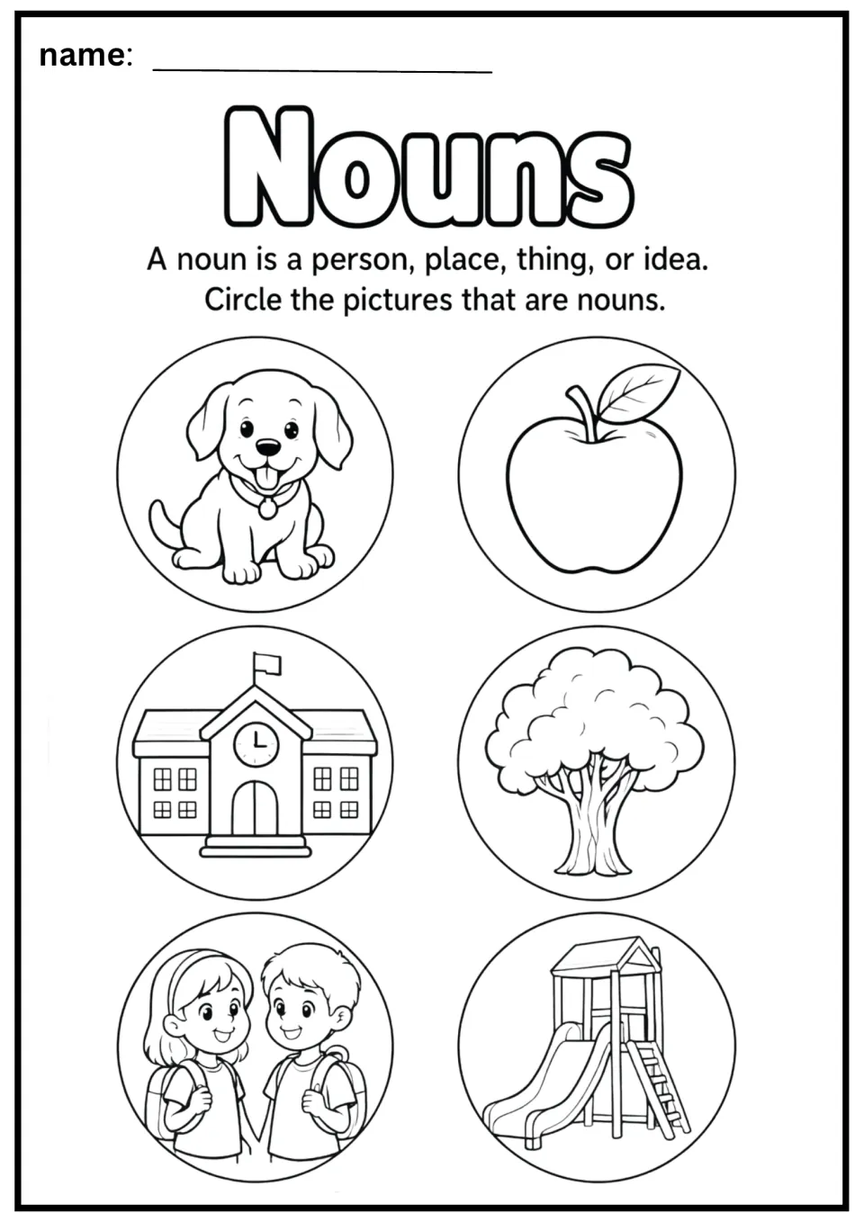 Noun identification worksheet asking students to circle a dog, apple, school, tree, children, and slide
