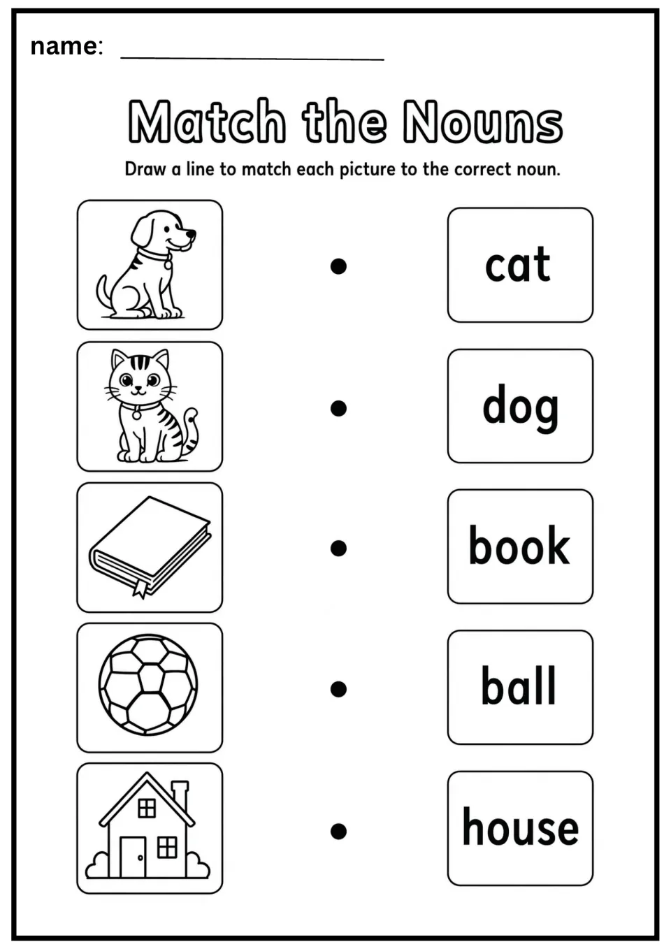 Noun matching worksheet asking students to connect pictures to the words cat, dog, book, ball, and house
