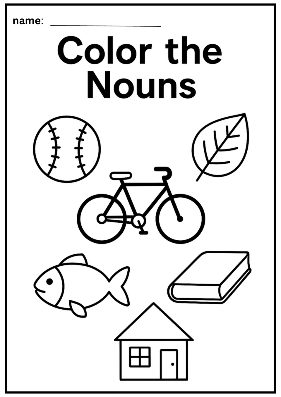 Noun coloring worksheet featuring a baseball, leaf, bicycle, fish, book, and house as the coloring subjects
