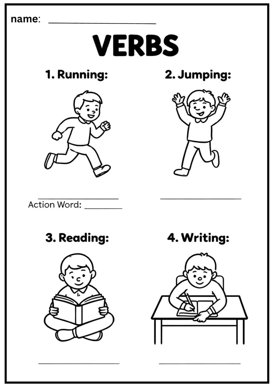 Verb worksheet showing running, jumping, reading, and writing, with space to write action words