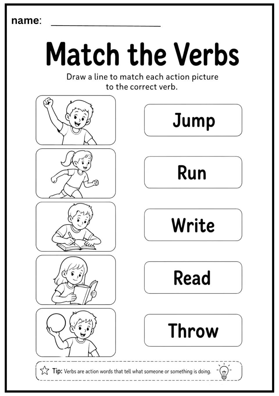 Verb matching worksheet asking students to connect five action pictures to Jump, Run, Write, Read, and Throw