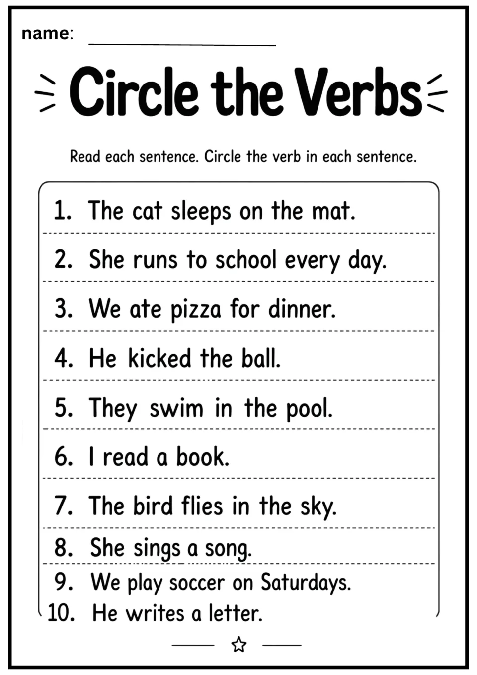 Verb identification worksheet with 10 sentences, including 'The cat sleeps on the mat,' for circling verbs