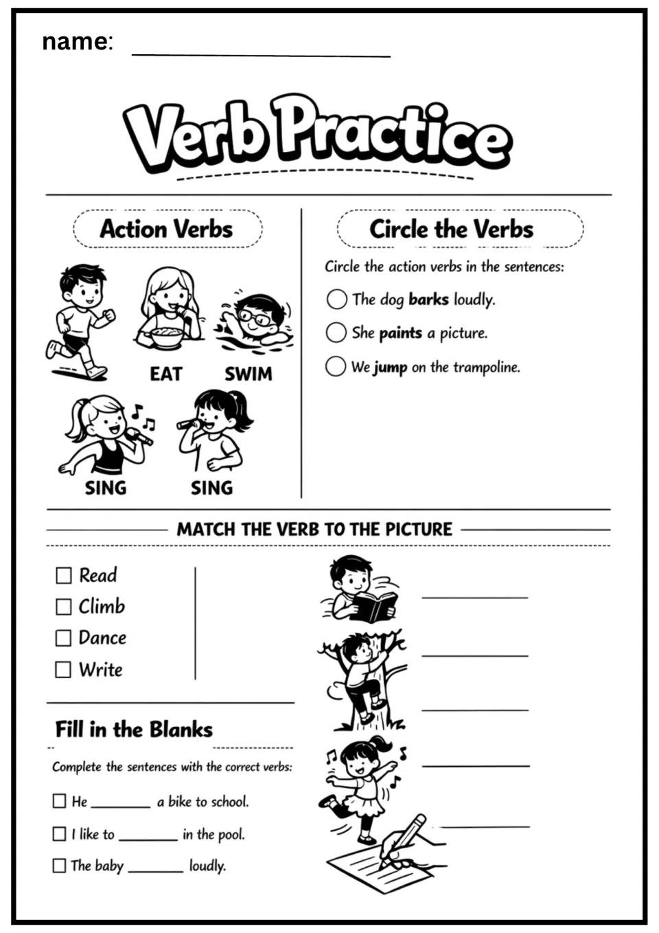 Verb practice worksheet combining action pictures, circling verbs, matching read and climb, and sentence blanks