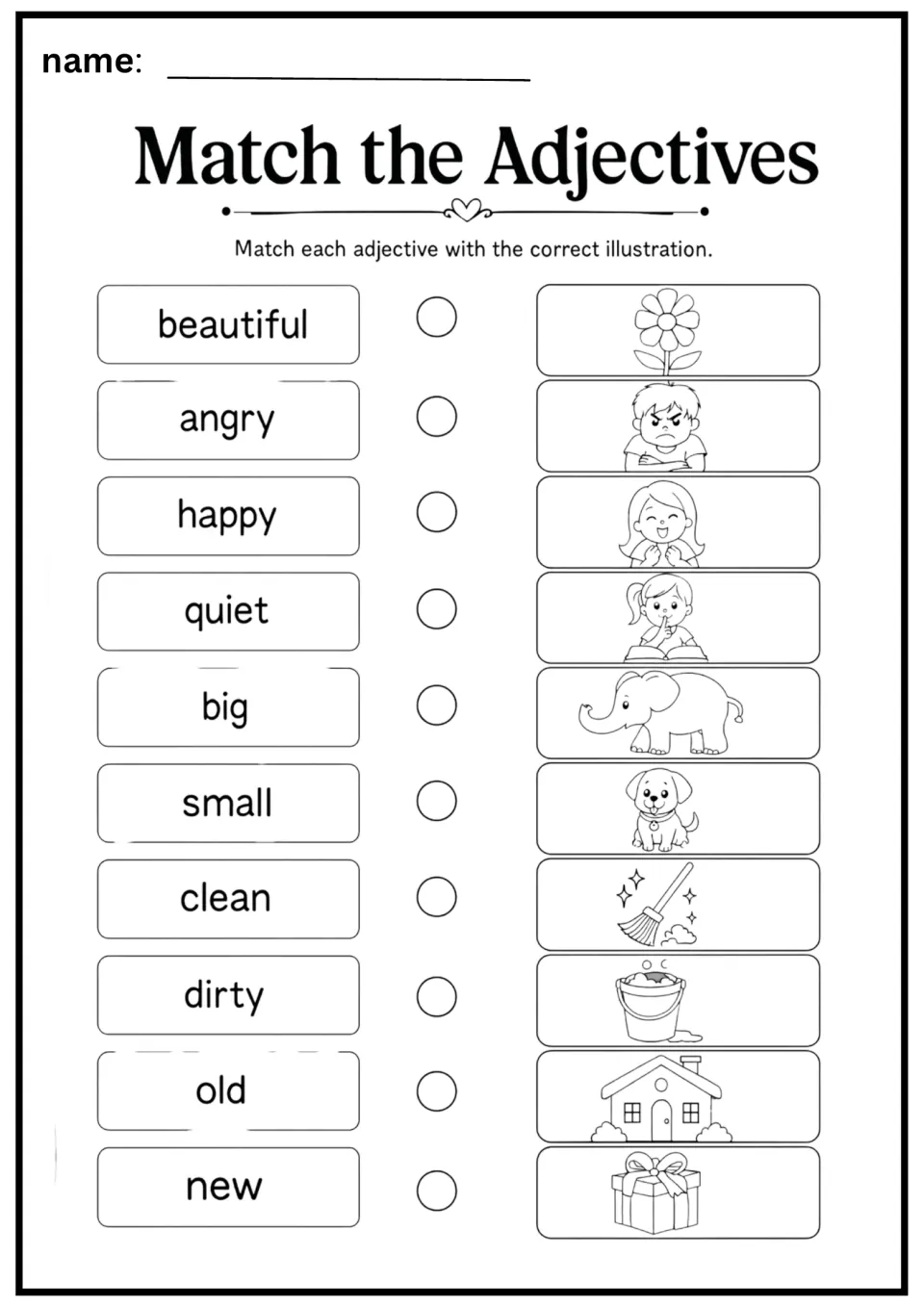 Adjective matching worksheet with 10 words, including beautiful, angry, happy, quiet, big, small, old, and new