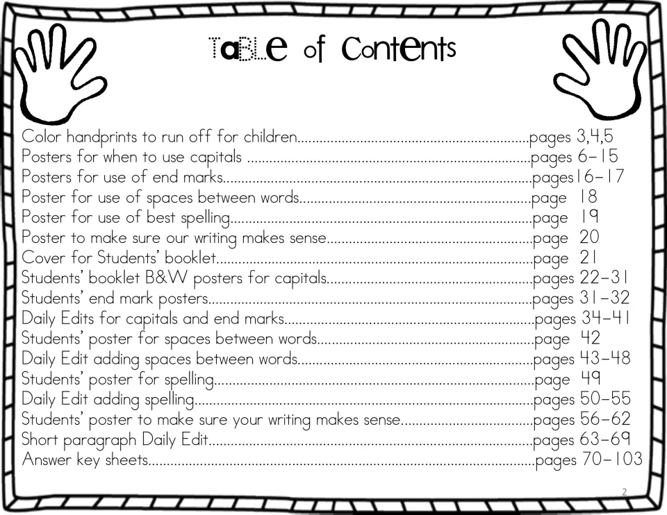 Table of contents for writing conventions posters, checklist hands, student booklets, edits, and answer keys