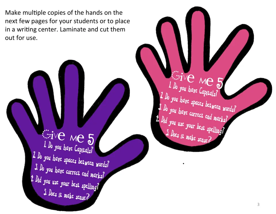 Two writing checklist hands in purple and pink list capitals, spaces, end marks, spelling, and sense