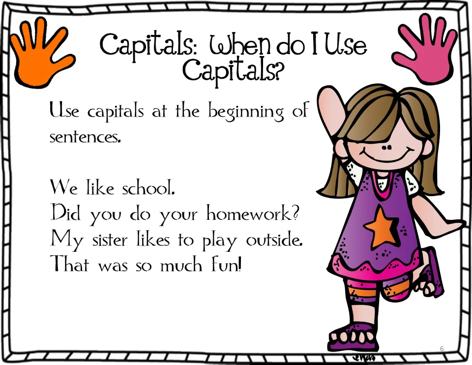 Capitalization poster teaches capital letters at sentence beginnings, with examples such as 'We like school.'