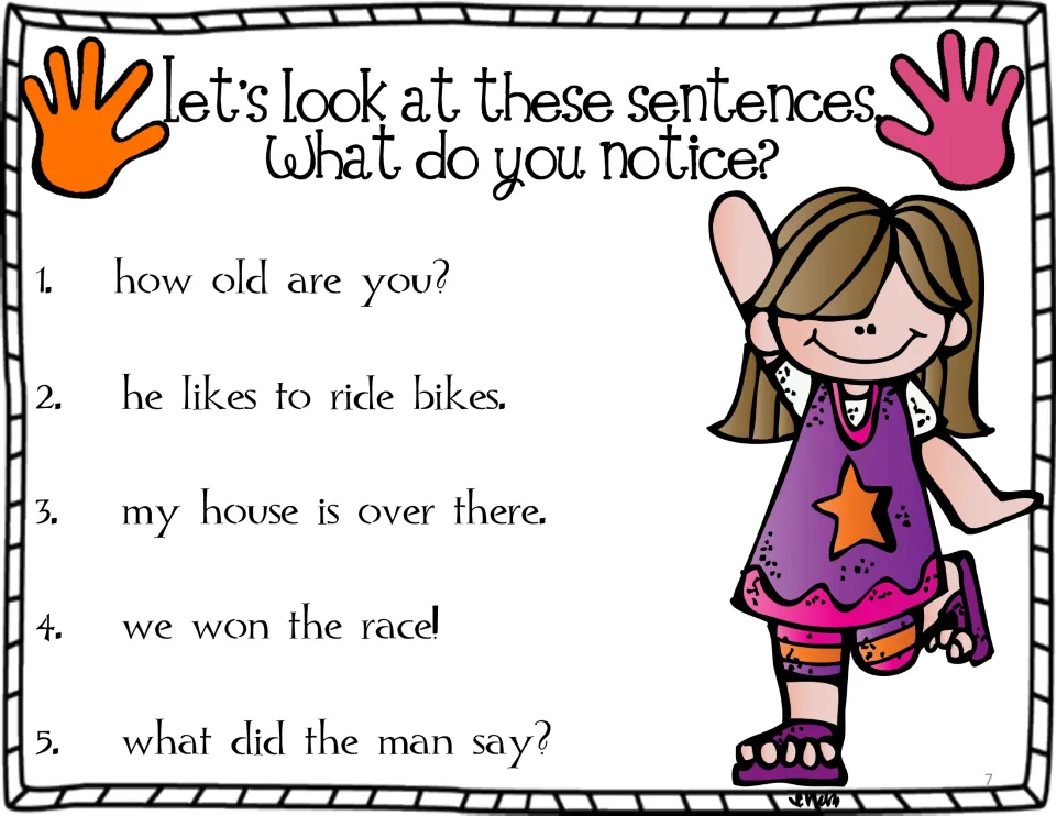 Capitalization practice poster presents five lowercase sentence beginnings, including 'how old are you?'