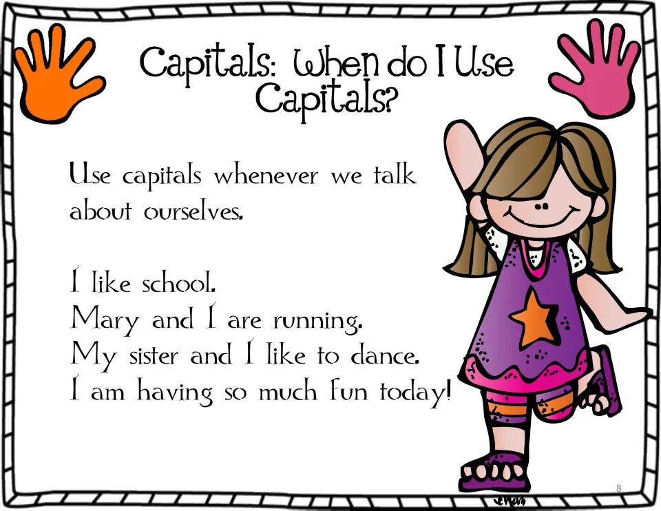Capitalization poster models the pronoun 'I' in four sentences, including 'Mary and I are running.'