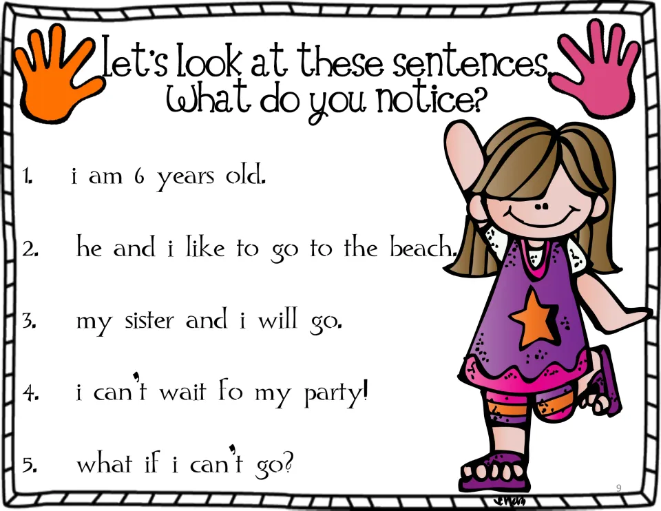 Capitalization practice poster shows five sentences using lowercase 'i', including 'i am 6 years old.'