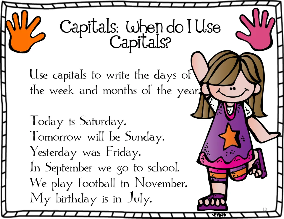 Capitalization poster teaches capitals for days and months, using Saturday, Sunday, Friday, and three months