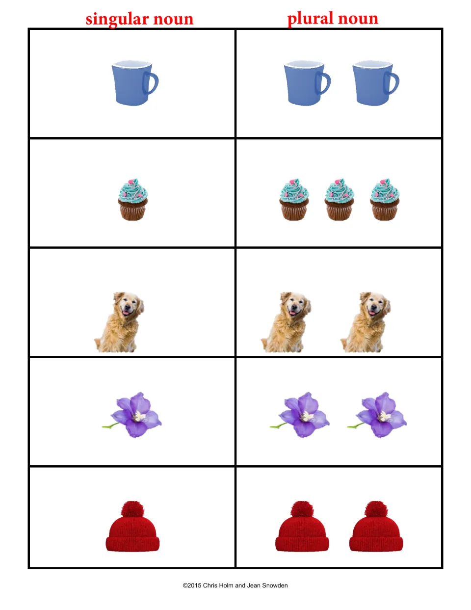 Plural picture flashcards for cup, cupcake, dog, flower, and hat, showing one and multiple examples of each