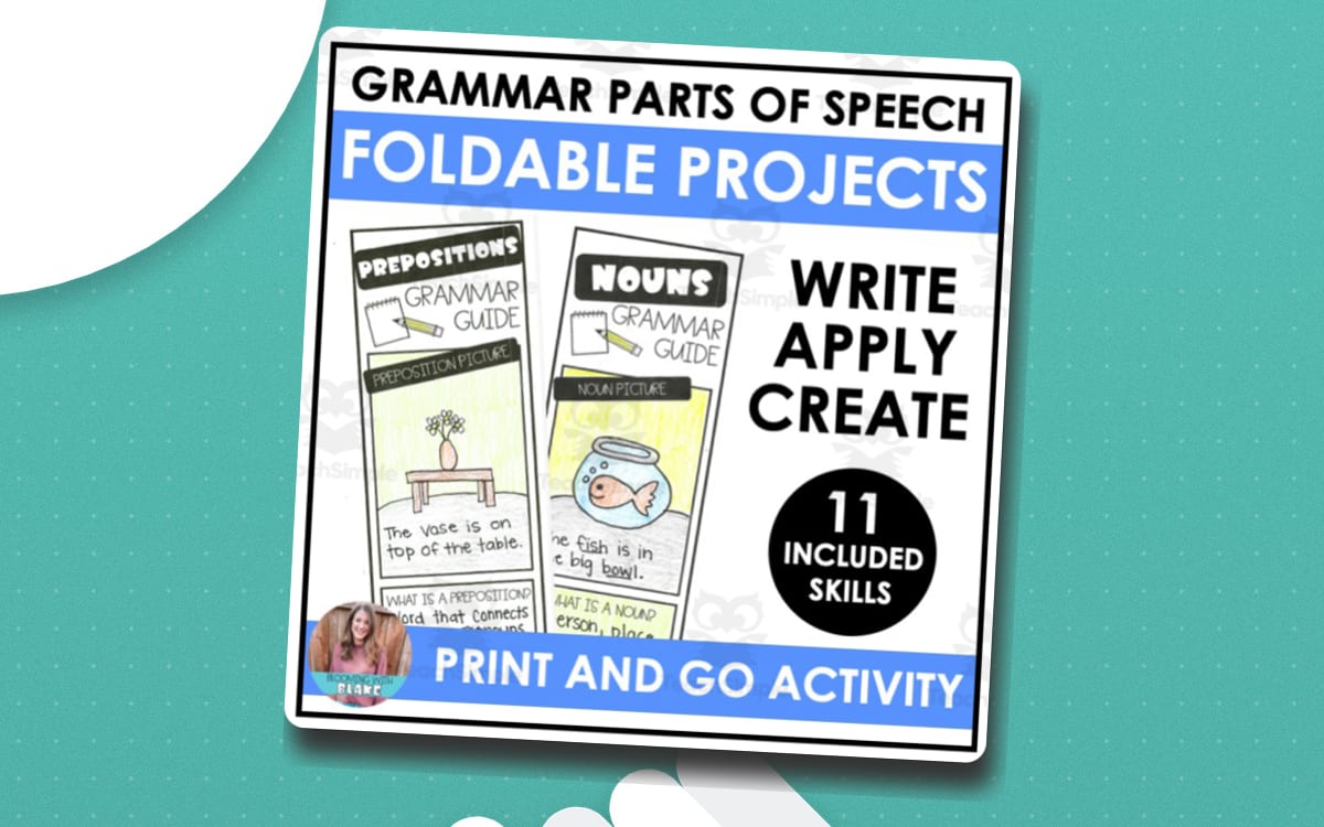 Grammar Parts of Speech Foldable Projects cover with examples for prepositions and nouns and “11 included skills.”