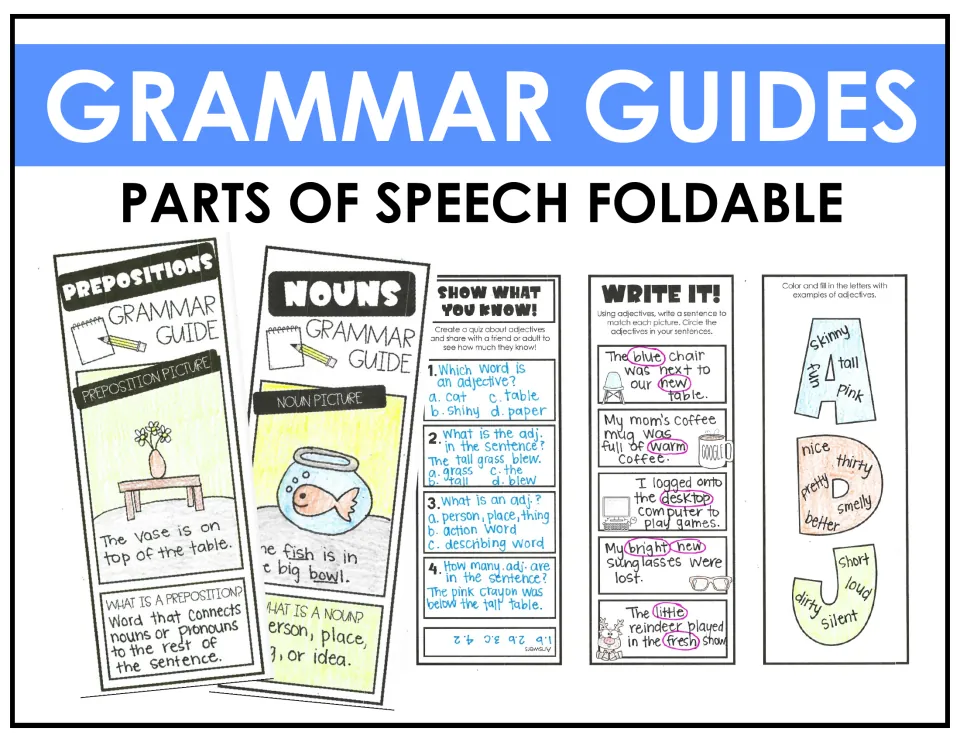 Grammar Guides parts of speech foldable cover showing completed noun, preposition and adjective strips with sample answers
