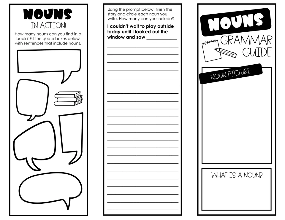 Nouns foldable: students fill quote bubbles with book sentences, finish a window story prompt and define a noun