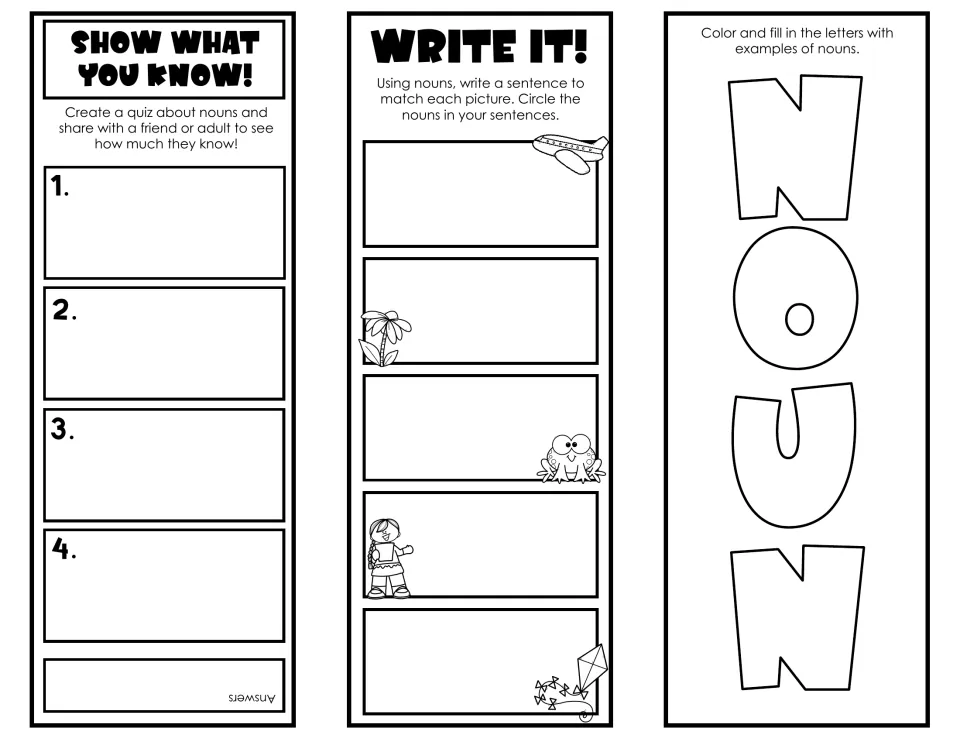 Nouns practice: students write a four-question quiz, compose sentences for five pictures and fill NOUN letters with examples