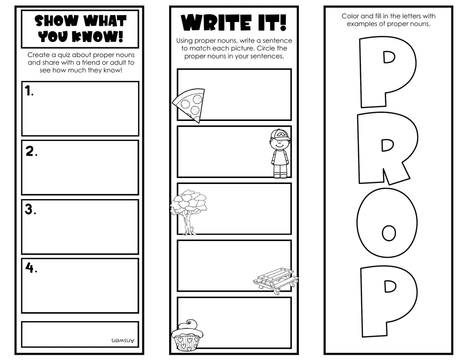 Proper nouns practice: students create a quiz, write sentences for pizza and tree pictures, and decorate PROP letters