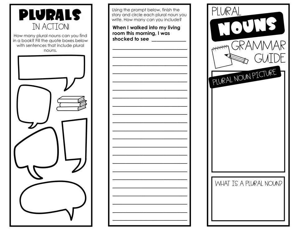 Plural nouns foldable: students collect plural nouns from books, extend a living room story and define a plural noun