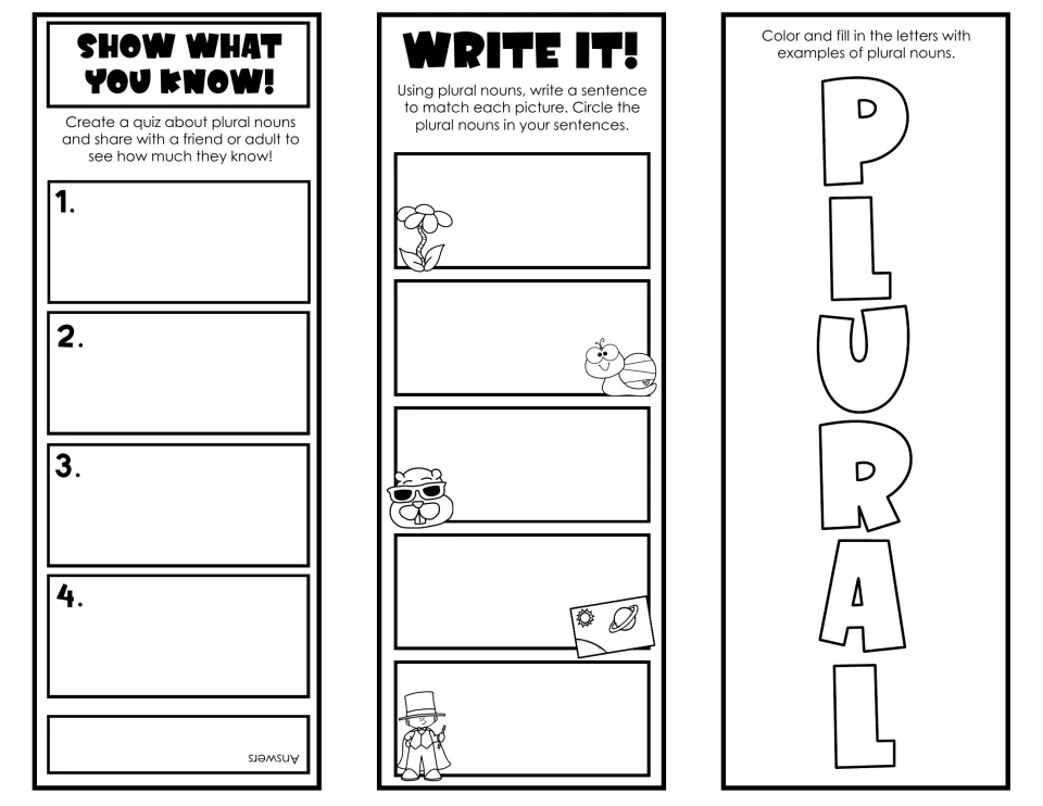 Plural nouns practice: students write quiz questions, compose sentences for five clip-art pictures and fill PLURAL letters