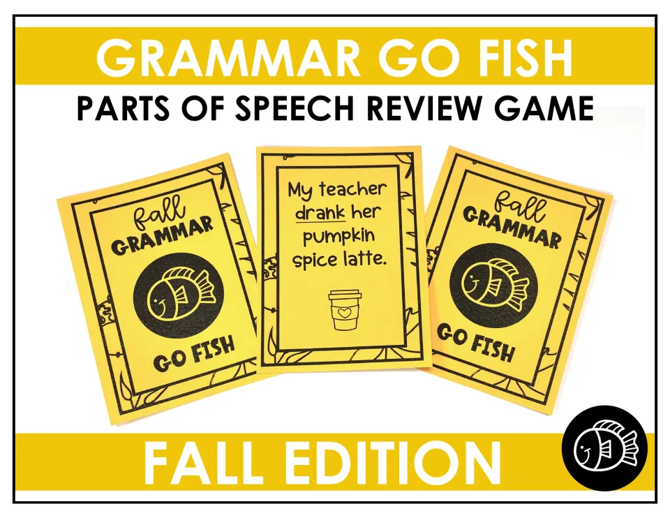 Grammar Go Fish fall edition cover: parts of speech cards, one reading "My teacher drank her pumpkin spice latte"