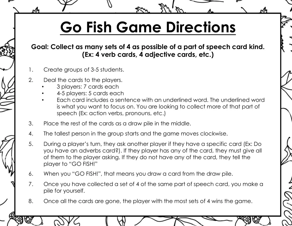 Go Fish game directions: groups of 3-5 ask for parts of speech cards by the underlined word and collect sets of 4