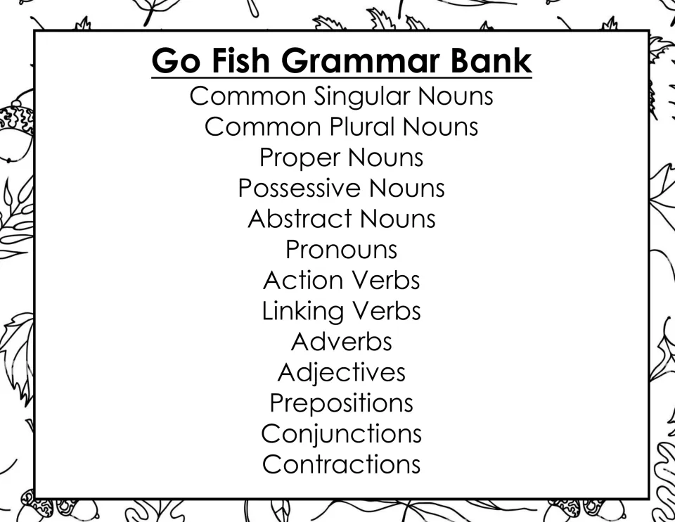 Go Fish Grammar Bank listing 13 card categories, from common singular nouns and pronouns to conjunctions and contractions
