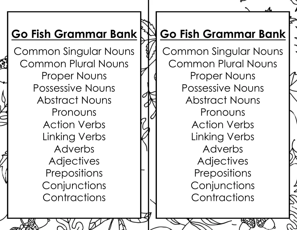 Two half-page copies of the Go Fish Grammar Bank, each listing the same 13 noun, verb and other parts of speech groups