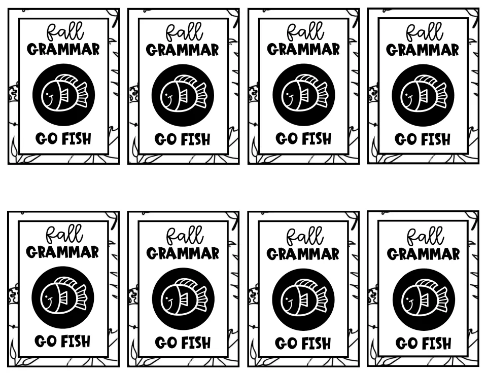 Card backs: eight matching cards showing fall Grammar, a smiling fish icon and Go Fish for the reverse of each card