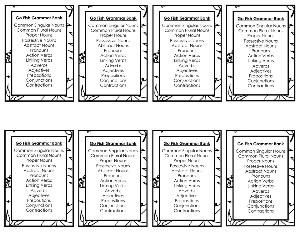 Card-sized Go Fish Grammar Bank: eight small copies of the 13 parts of speech categories for players to hold