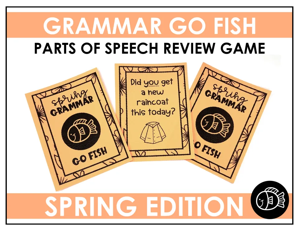 Cover for the spring parts of speech Go Fish game, showing sample cards and a sentence about a raincoat