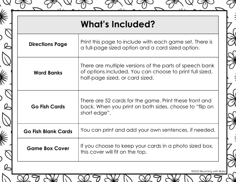 Game contents guide lists directions, word banks, 52 Go Fish cards, blank cards, and a game box cover
