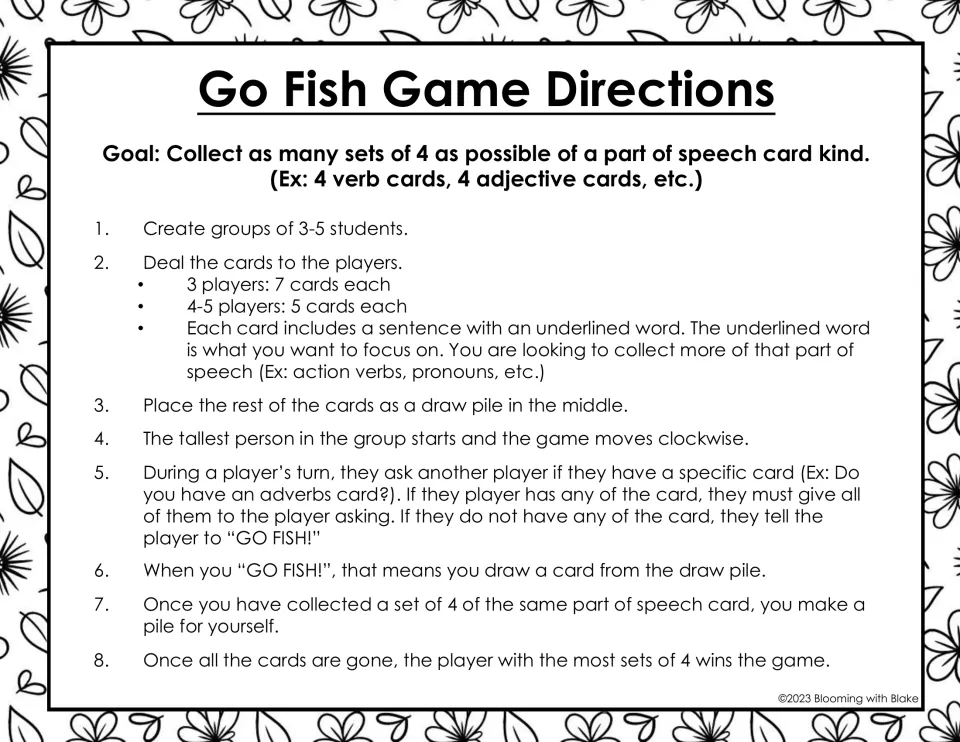Go Fish directions for 3–5 players explain dealing, requesting grammar cards, and collecting sets of four